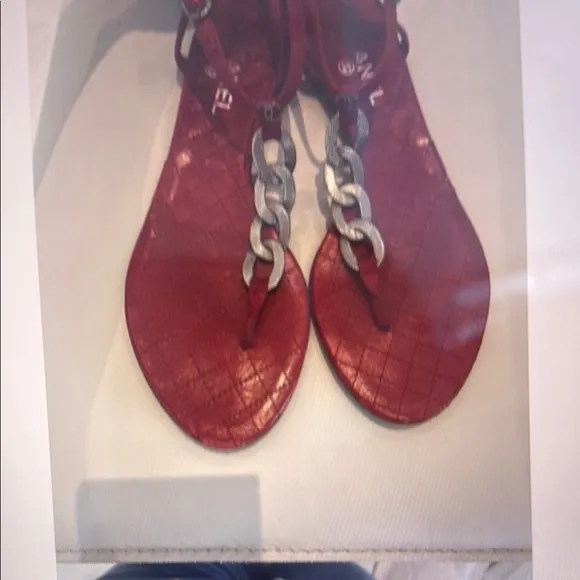 💯 authentic Chanel red leather and satin Sandals with Silver logo Accents