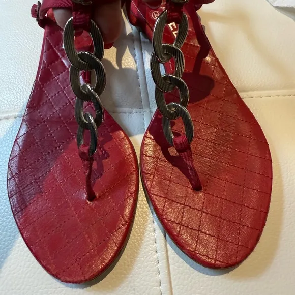 💯 authentic Chanel red leather and satin Sandals with Silver logo Accents