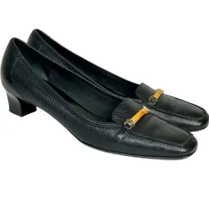 90S Salvatore Ferragamo Loafers Black Leather Low Heel Pump Gancini Bar size 9A