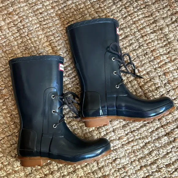 Ackley lace up navy Hunter rubber rain boots mid calf waterproof rainboot 6/37