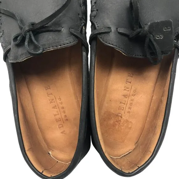 Adelante Moccasin Black Leather House Shoes Slippers Womens 9 Hand Sewn EUC