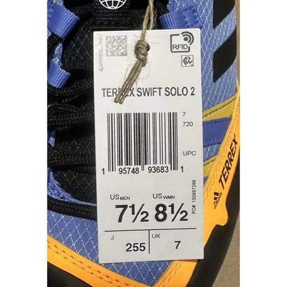 adidas Terrex Swift Solo Approach Blue Fusion Solar Gold Hiking Shoes Men's 7.5