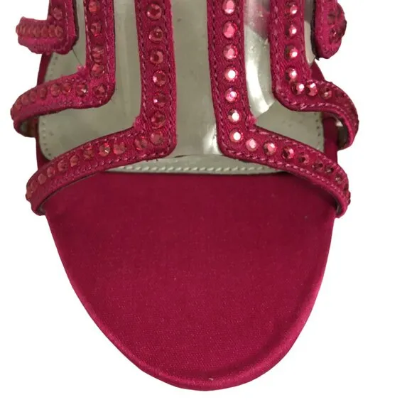 Adrianna Papell Sandals Crystals High Heel Ankle Art Deco Fuchsia Satin Size 7