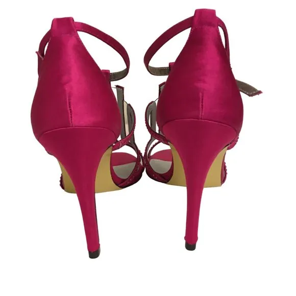 Adrianna Papell Sandals Crystals High Heel Ankle Art Deco Fuchsia Satin Size 7