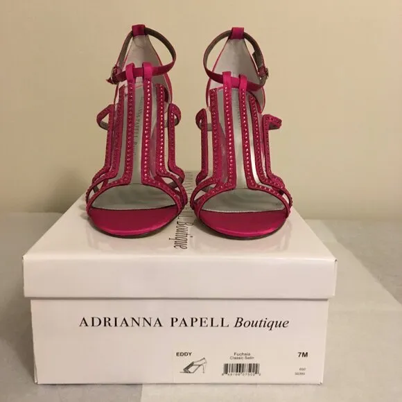 Adrianna Papell Sandals Crystals High Heel Ankle Art Deco Fuchsia Satin Size 7