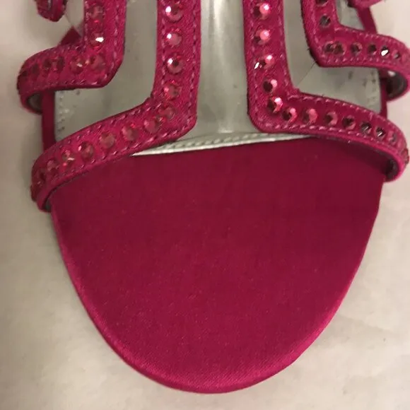 Adrianna Papell Sandals Crystals High Heel Ankle Art Deco Fuchsia Satin Size 7