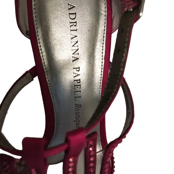 Adrianna Papell Sandals Crystals High Heel Ankle Art Deco Fuchsia Satin Size 7