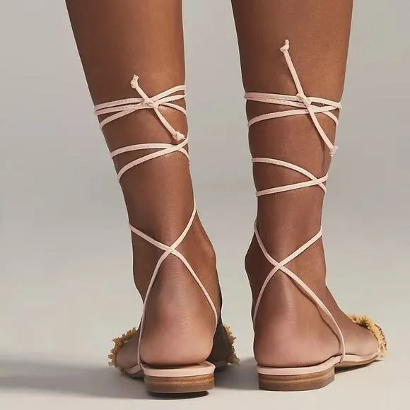 Anthropologie Embellished Tie Up Pink/Rose Raffia Square Toe Sandals New in Box