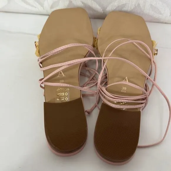 Anthropologie Embellished Tie Up Pink/Rose Raffia Square Toe Sandals New in Box