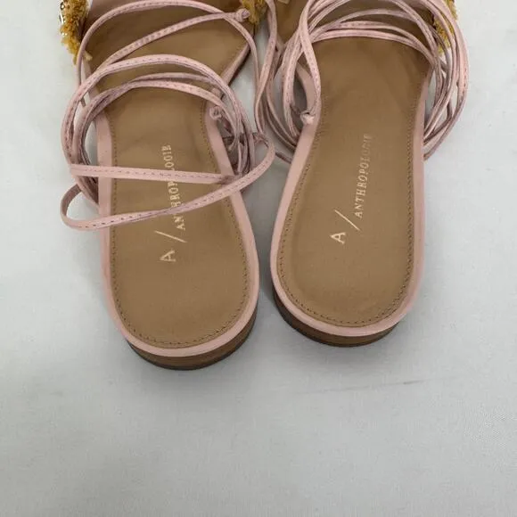 Anthropologie Embellished Tie Up Pink/Rose Raffia Square Toe Sandals New in Box