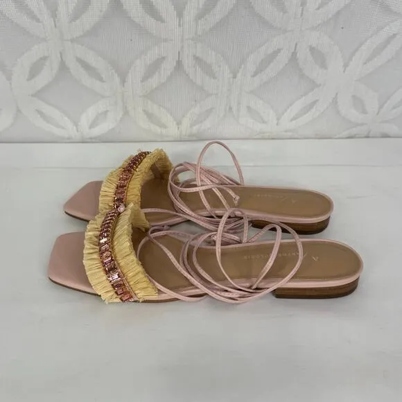 Anthropologie Embellished Tie Up Pink/Rose Raffia Square Toe Sandals New in Box