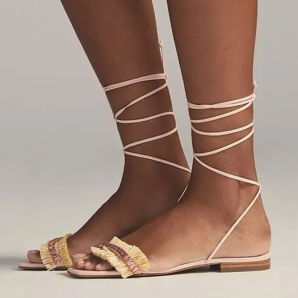 Anthropologie Embellished Tie Up Pink/Rose Raffia Square Toe Sandals New in Box