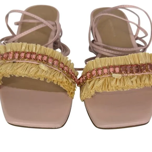 Anthropologie Embellished Tie Up Pink/Rose Raffia Square Toe Sandals New in Box