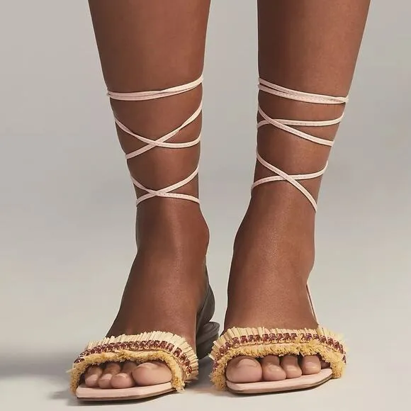 Anthropologie Embellished Tie Up Pink/Rose Raffia Square Toe Sandals New in Box