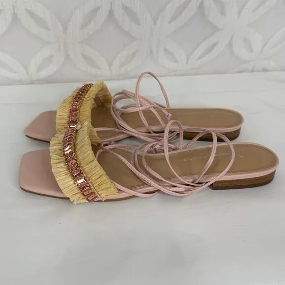 Anthropologie Embellished Tie Up Pink/Rose Raffia Square Toe Sandals New in Box