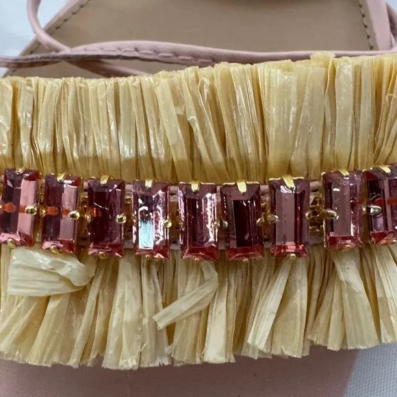 Anthropologie Embellished Tie Up Pink/Rose Raffia Square Toe Sandals New in Box