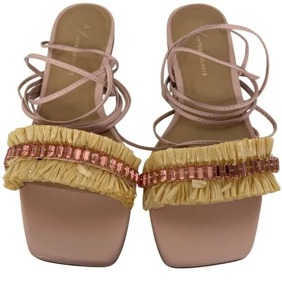 Anthropologie Embellished Tie Up Pink/Rose Raffia Square Toe Sandals New in Box