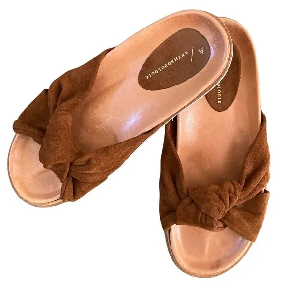 Anthropologie Liza Brown Suede Twist Slide Sandals Size 39 NWOT