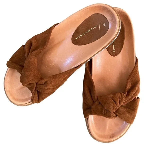 Anthropologie Liza Brown Suede Twist Slide Sandals Size 39 NWOT