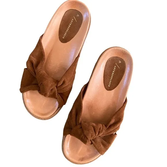 Anthropologie Liza Brown Suede Twist Slide Sandals Size 39 NWOT
