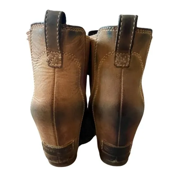 Anthropologie Sorel 7.5 Hidden Wedge Leah Ankle Boots Distressed LEATHER Brown