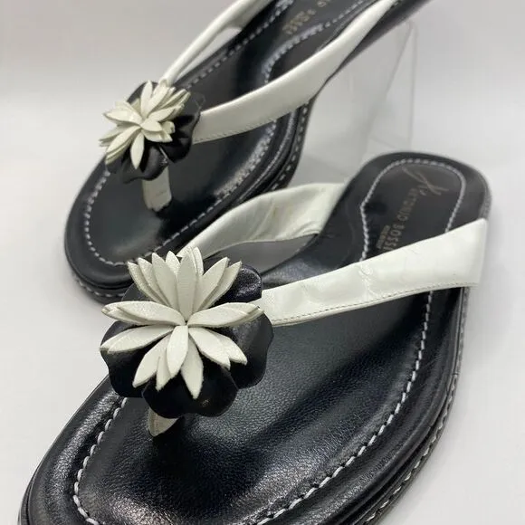 Antonio Bossi Size 8 Black White Leather Daisy Flower Sandals Size 8 NWT