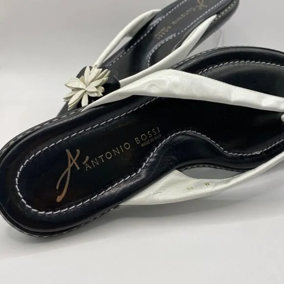 Antonio Bossi Size 8 Black White Leather Daisy Flower Sandals Size 8 NWT