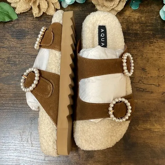 Aqua Women's Furry Embellished Sandals 7.5