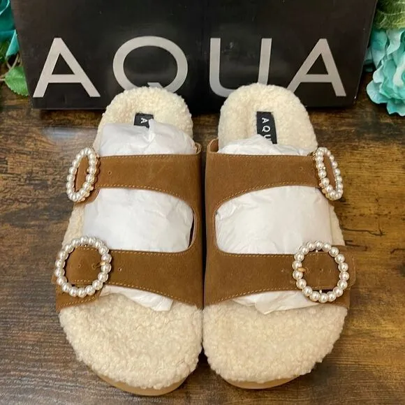 Aqua Women's Furry Embellished Sandals 7.5