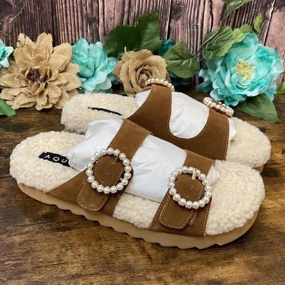 Aqua Women's Furry Embellished Sandals 7.5