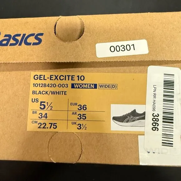 Asics Gel Excite 10 Black White Running Shoes Sneakers 5.5 Wide