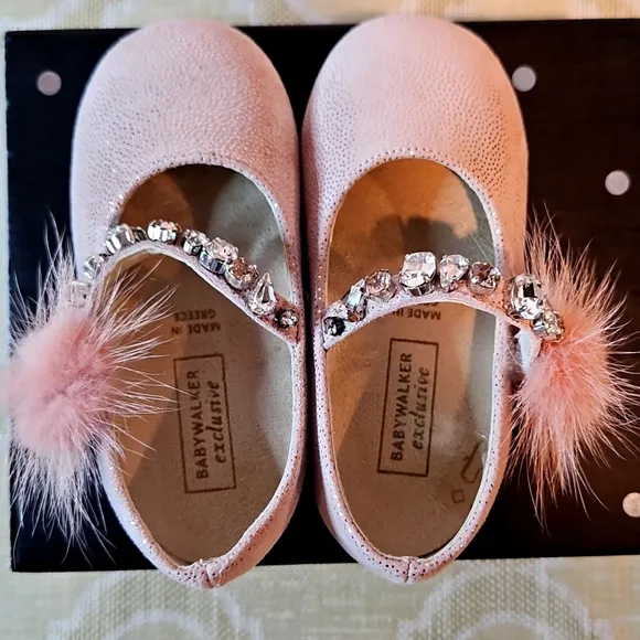 Babywalker Dusty Pink Leather Fur Jewel Baby Shoes NWT &amp; box Greece 21 US 18-24m