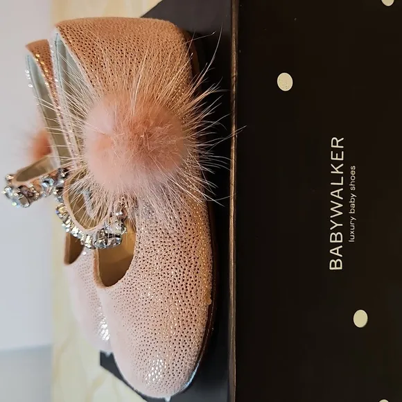 Babywalker Dusty Pink Leather Fur Jewel Baby Shoes NWT &amp; box Greece 21 US 18-24m