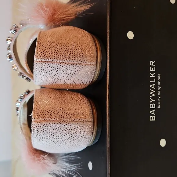 Babywalker Dusty Pink Leather Fur Jewel Baby Shoes NWT &amp; box Greece 21 US 18-24m