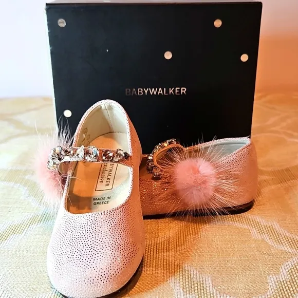 Babywalker Dusty Pink Leather Fur Jewel Baby Shoes NWT &amp; box Greece 21 US 18-24m