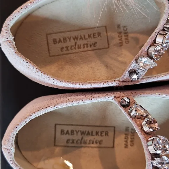 Babywalker Dusty Pink Leather Fur Jewel Baby Shoes NWT &amp; box Greece 21 US 18-24m