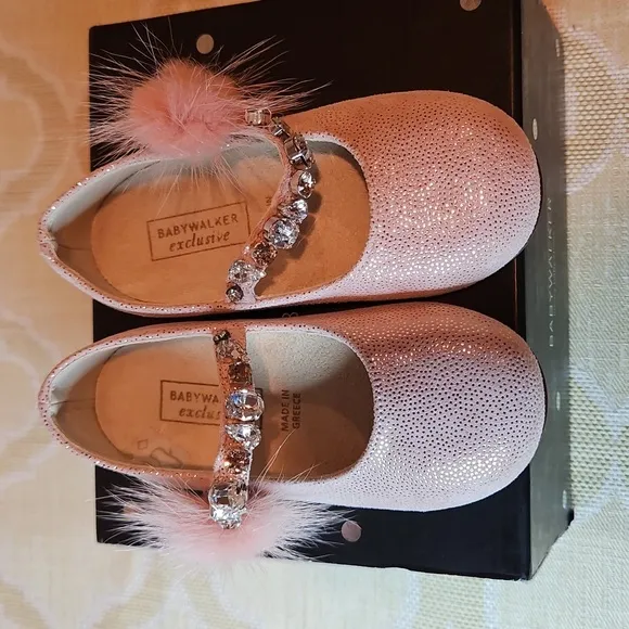 Babywalker Dusty Pink Leather Fur Jewel Baby Shoes NWT &amp; box Greece 21 US 18-24m