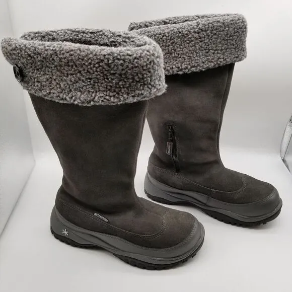 Baffin Women Allie Tall Winter Boots Size 7 Gray Suede Waterproof Faux Fur