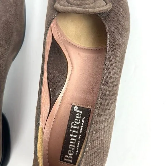 BeautiFeel Alexa Taupe Suede Leather Flats Shoes with Rosette Details 37 US 6,5