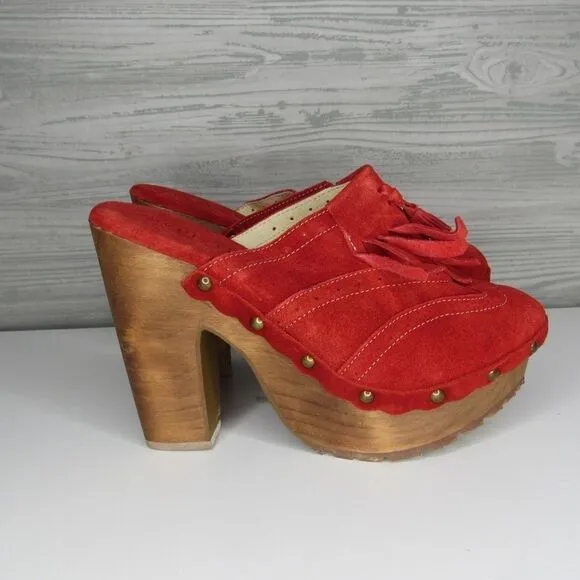 BEDSTU GOLDIE RED TASSLE SUEDE WOOD HEEL CLOG