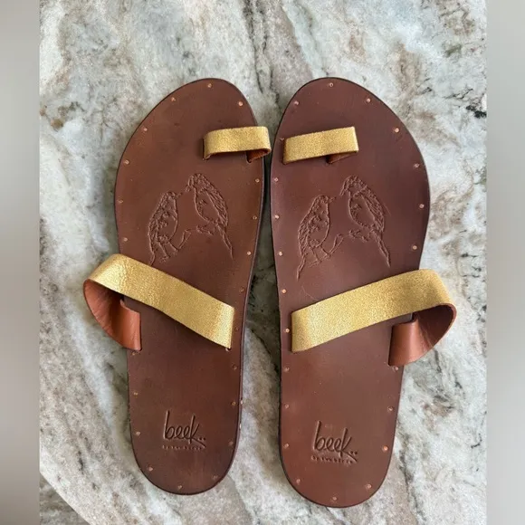 Beek leather sandals Gold/ brown Toe Ring Leather Sandals Size 10 $280