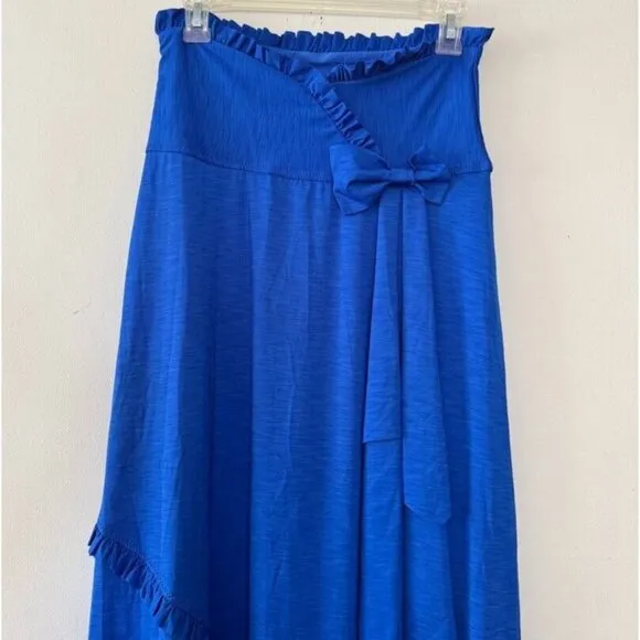 Betsey Johnson Swim Royal Blue A-Line Maxi Skirt Y2K 00s Stretch Bow Ruffles