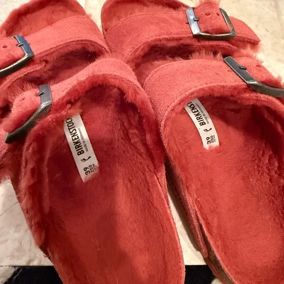 Birkenstock Arizona shearling lined sienna red sandals size 39