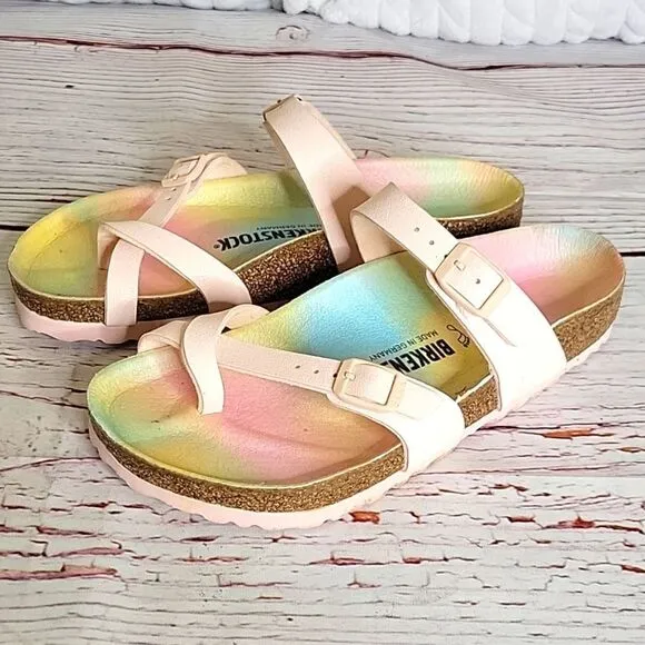 BIRKENSTOCK Mayari Vegan Leather Pink Sandals with Rainbow Insole Size 38 or 8