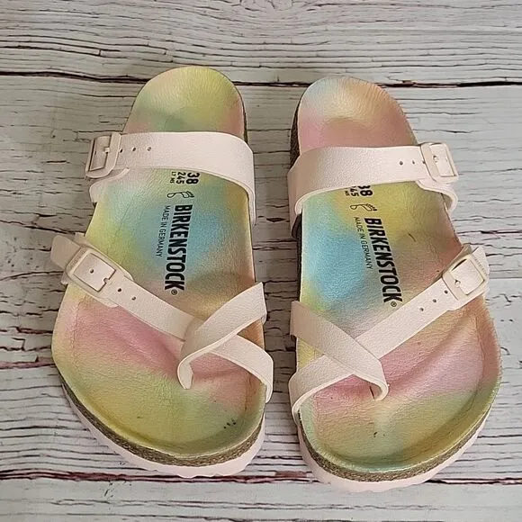BIRKENSTOCK Mayari Vegan Leather Pink Sandals with Rainbow Insole Size 38 or 8