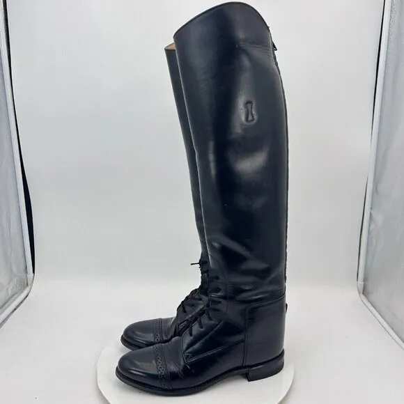 Bond Boot.Co The Effingham Women Sz 8C Black Leather Lace Up Back Zip Tall Shoe