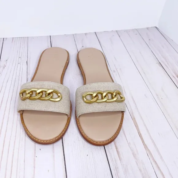 Botkier Canvas Leather Chain-link Coastal Nautical Slide Sandals Size 7.5