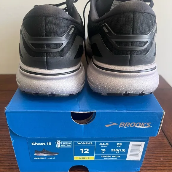 Brooks Ghost 15 black rose gold‎ athletic running shoes womems 12 wide