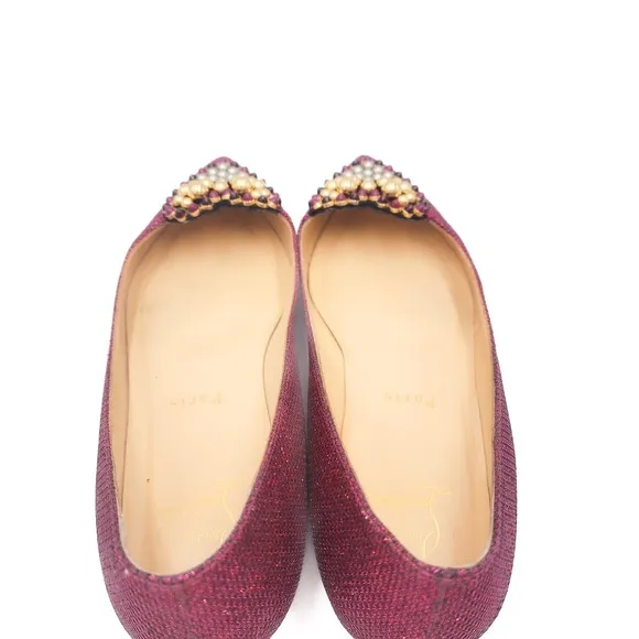 Christian Louboutin Burgundy Gold Heart Studded Pointed Toe Flats Shoes EU 36.5