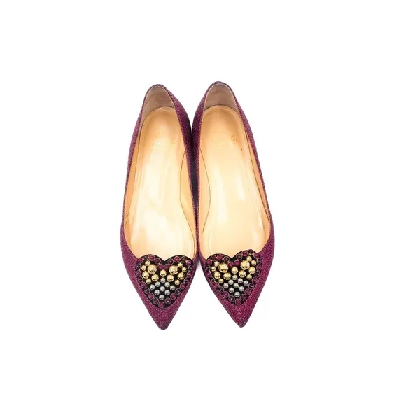 Christian Louboutin Burgundy Gold Heart Studded Pointed Toe Flats Shoes EU 36.5